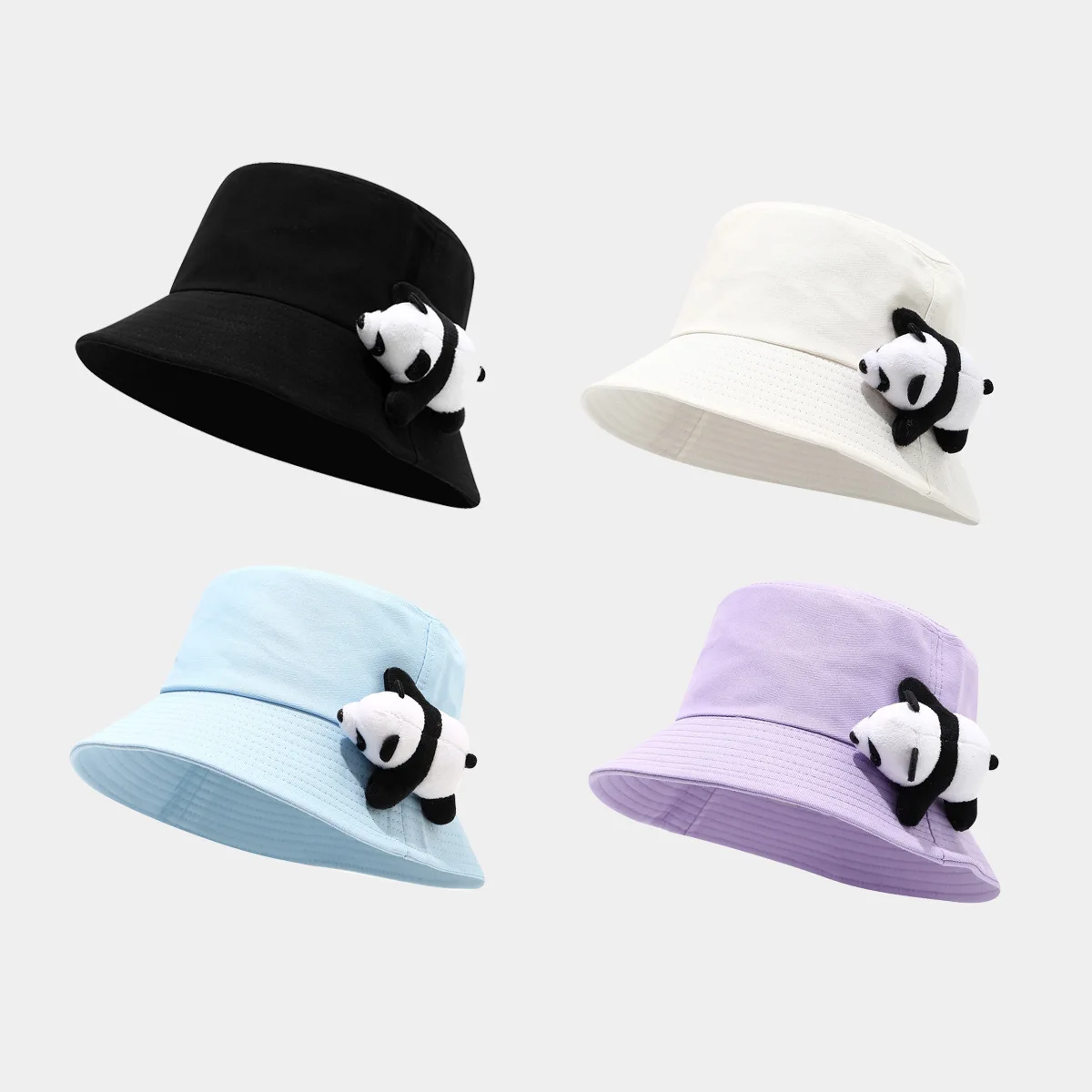 Unisex Bucket Hats Japanese Cute Cartoon Panda Solid Color Simple Kawaii Sweet Versatile Bucket Hat Big Brim Cotton Sunshade Cap