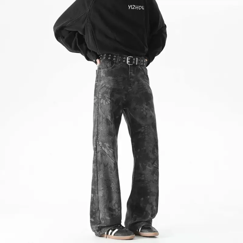 

Spring and Autumn New Fashionable Printed American High Street Retro Straight leg Jeans Men's Loose Sports High quality Pants