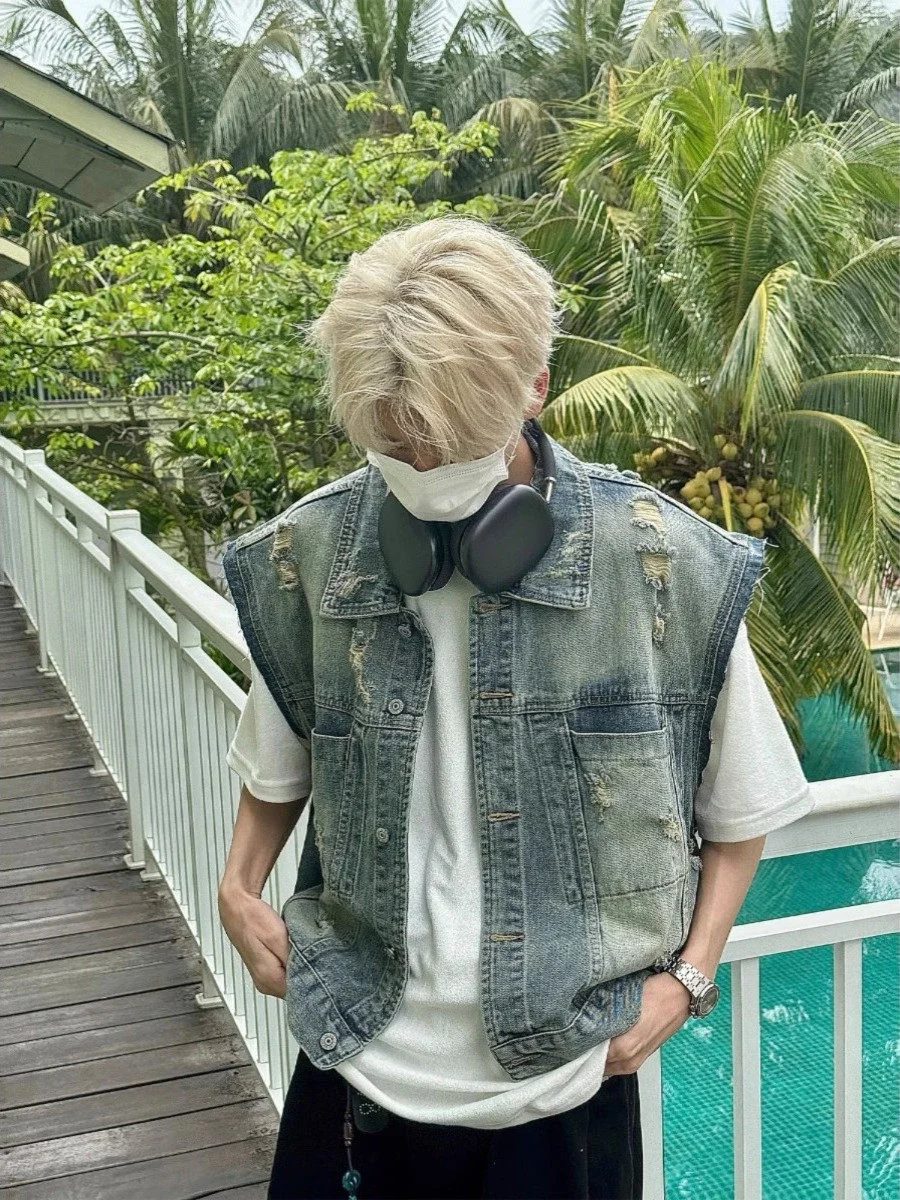 

Retro American Design Distred Denim Vest Men's Summer Trendy Brand Ins Water Waed Vintage Sle Jaet Casual Loose Fit