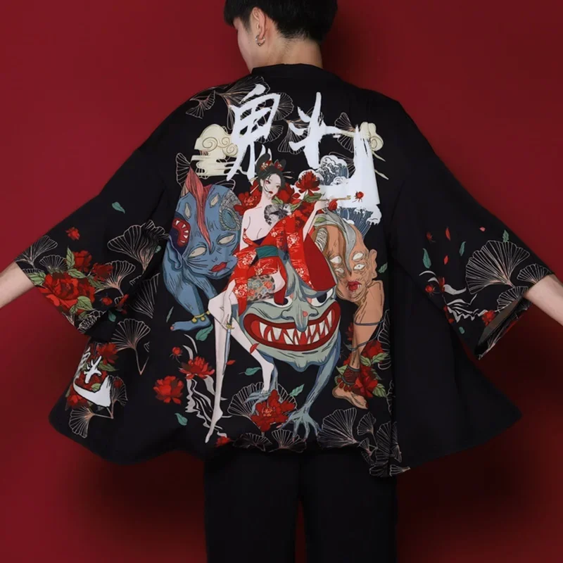Samurai Female Warrior Demon Print Kimono Shirt Clothing Japanese Yukata Harajuku Leisure Men Traditional Haori Kimono Women Top