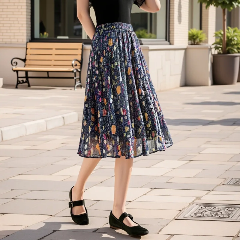 Falda de Gasa Floral Vintage para Mujer, Talla Grande, Cintura Alta, Estilo Coreano, Holgada, Casual, para Primavera y Verano