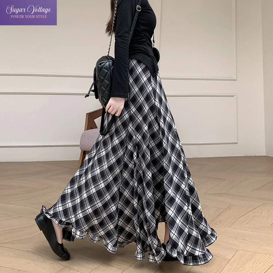 

Винтажная клетчатая юбка-миди, женская осенняя юбка трапециевидной формы с высокой талией и рюшами по подолу, асимметричная струящаяся расклешенная юбка, элегантный утягивающий ретро наряд