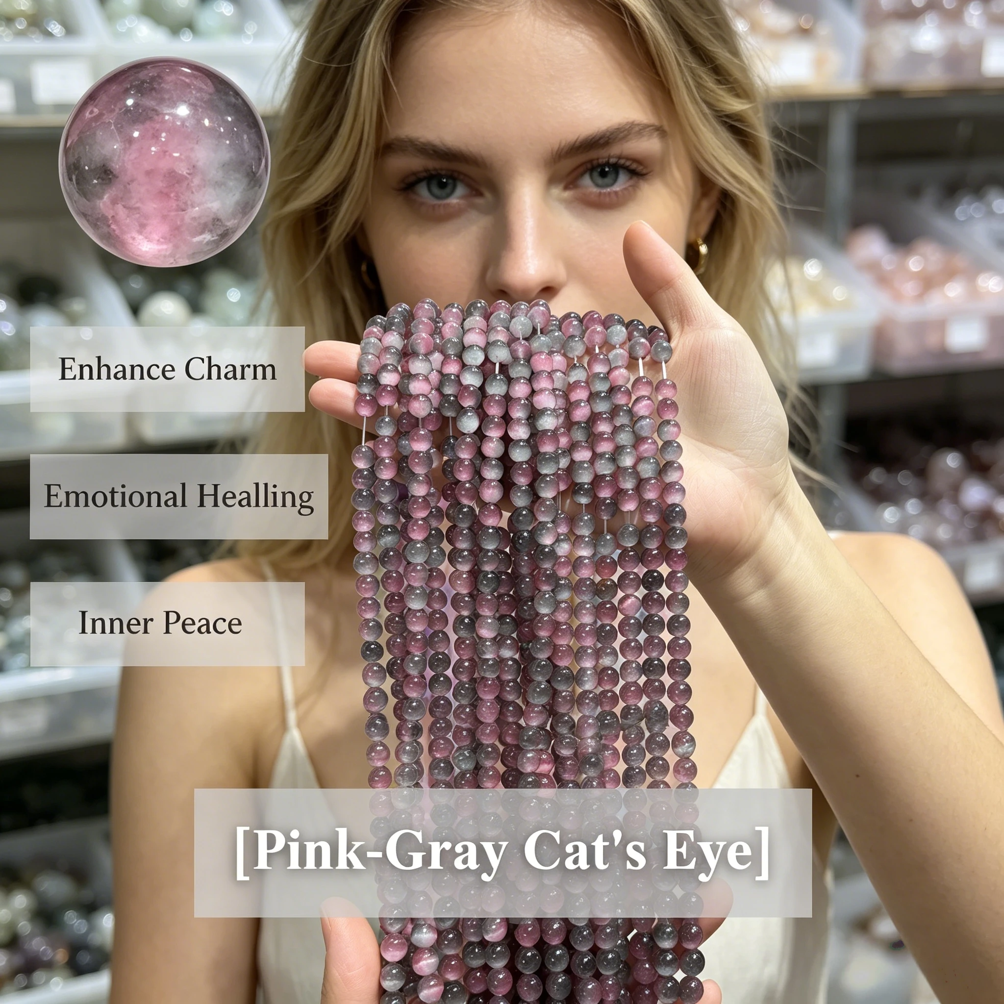Pink Gray Cat's Eye Beads 6 8 10mm Natural Round Gemstone Loose Beads DIY Bracelet Necklace Making Supplies Jewelry Accessories