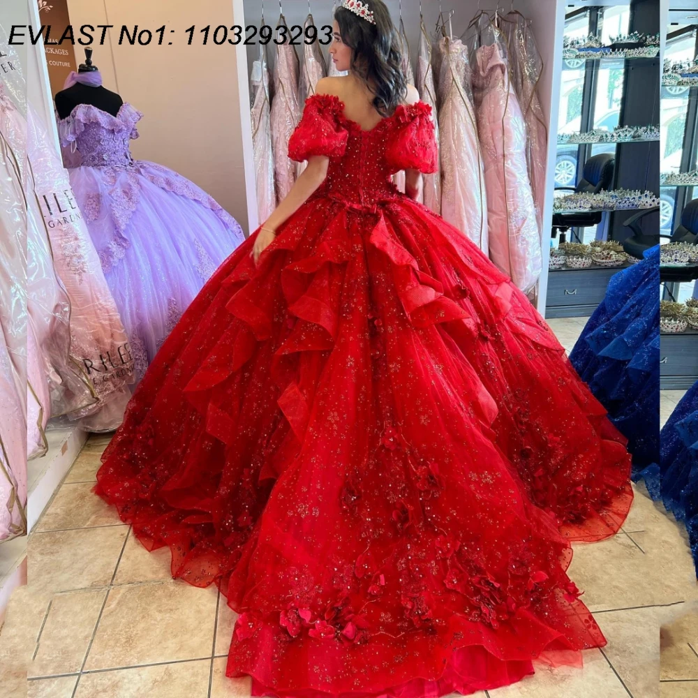 EVLAST Maßgeschneidertes mexikanisches rotes Blumen-Quinceanera-Kleid, Ballkleid, Spitze, Perlenapplikation, Korsett, Sweet 16, Vestido De 15 Anos E1Q142