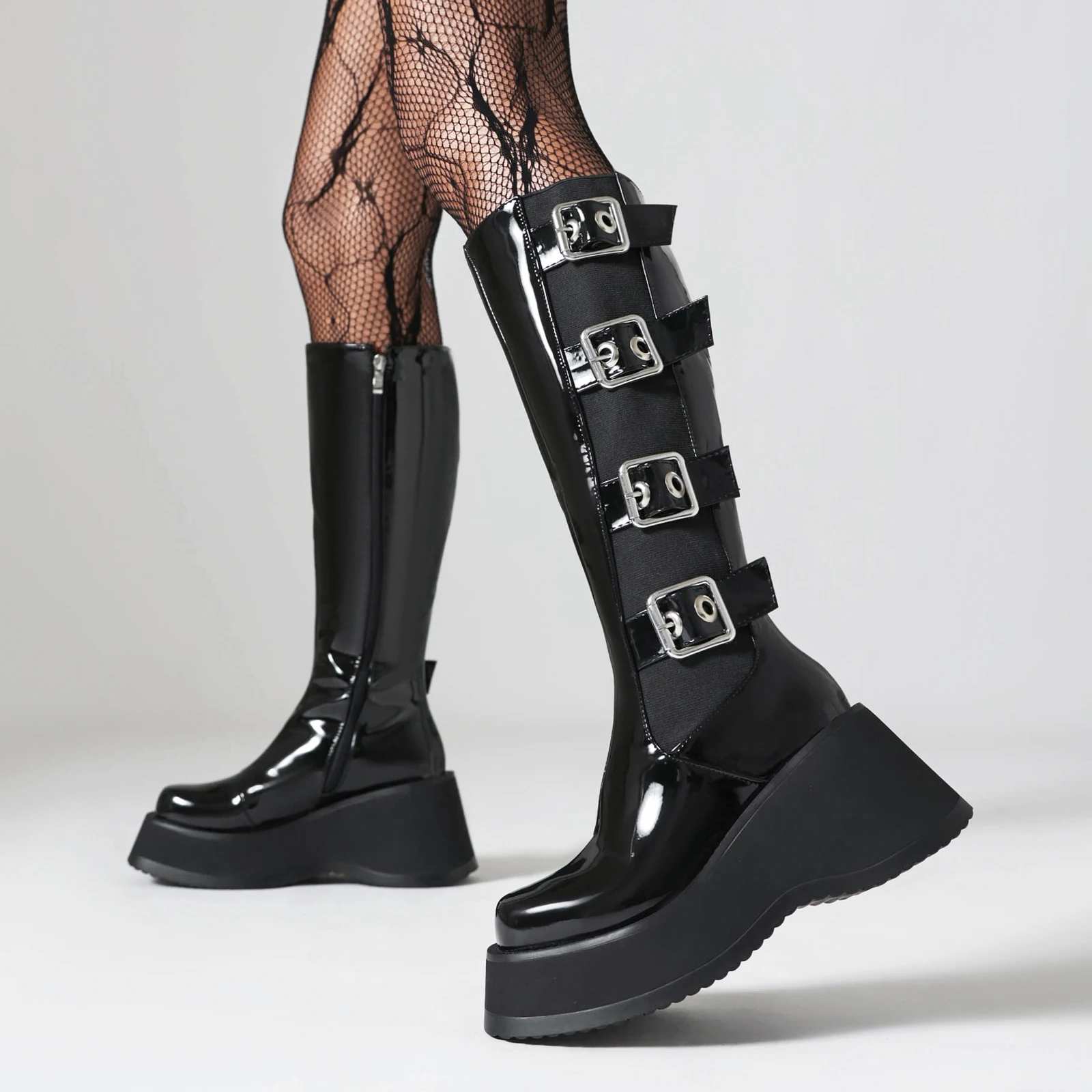 Punk Style Metal Belt Buckle Locomotive Boots Slope Heel Thick Sole Heightened Zipper Knight Boots Sexy Women's Boots 36&42