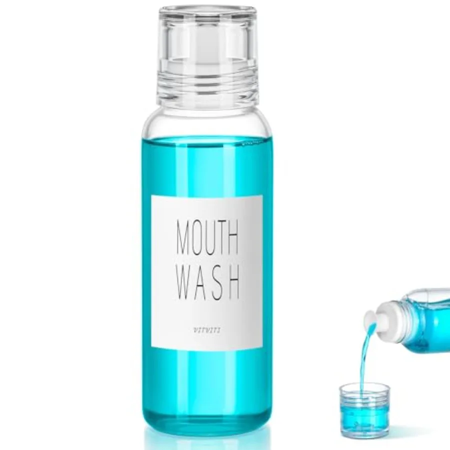 

Glass Mouthwash Dispenser for Bathroom, 10 OZ Mouth Wash Container Bottle with Lid Cup, Countertop Small Clear Refillable Mouth