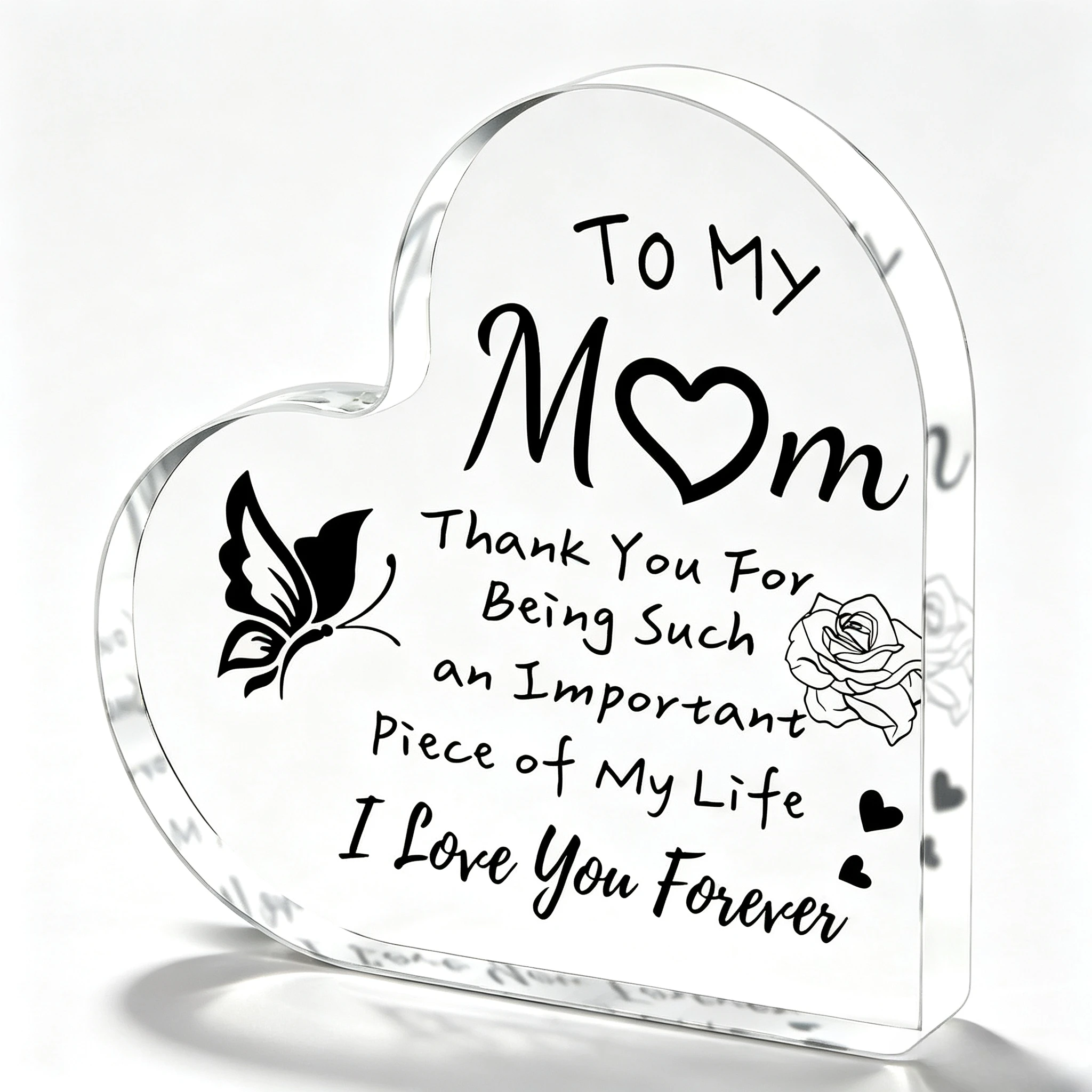 Heart‑Shaped Clear Acrylic Plaque To My Mom Thank You Quote Butterfly Rose Tabletop Keepsake Ornament Sentimental Gift For Mom Mother’s Day Birthday Christmas