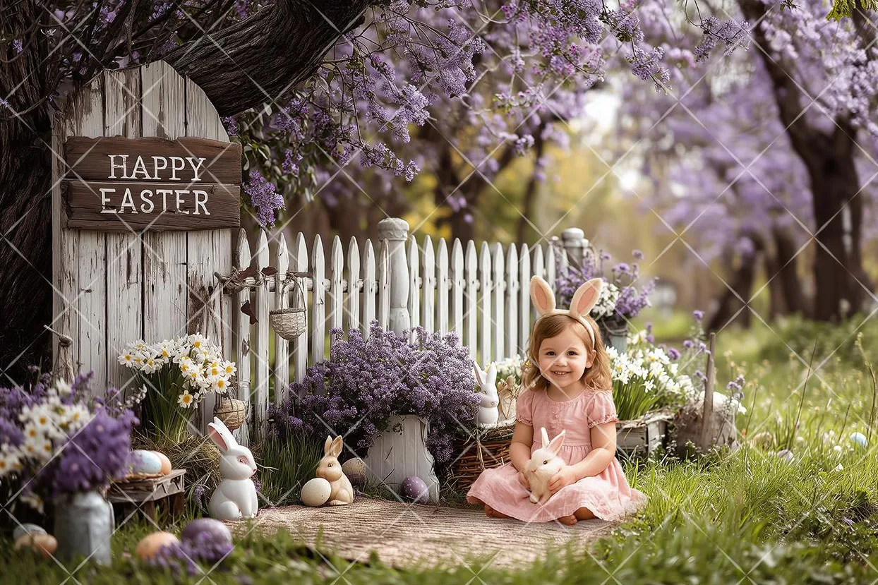 Mehofond Photography Background Spring Easter Garden Fence Flower Bunny Eggs Kids Birthday Portrait Decor Backdrop Photo Studio