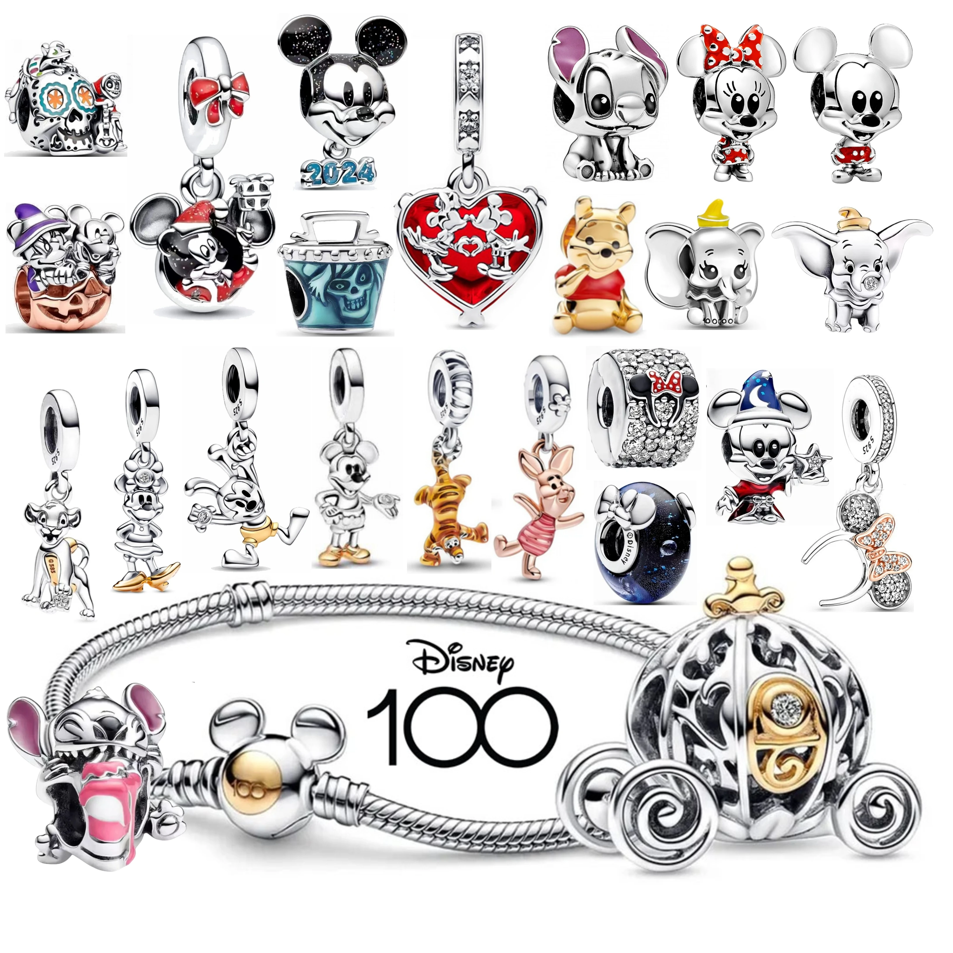 Disney 100th 925 Silver Charm,Minnie,Pumpkin,Mickey Beads Fit Original Pandora Bracelets Women DIY Stitch Pendant Jewelry Gifts