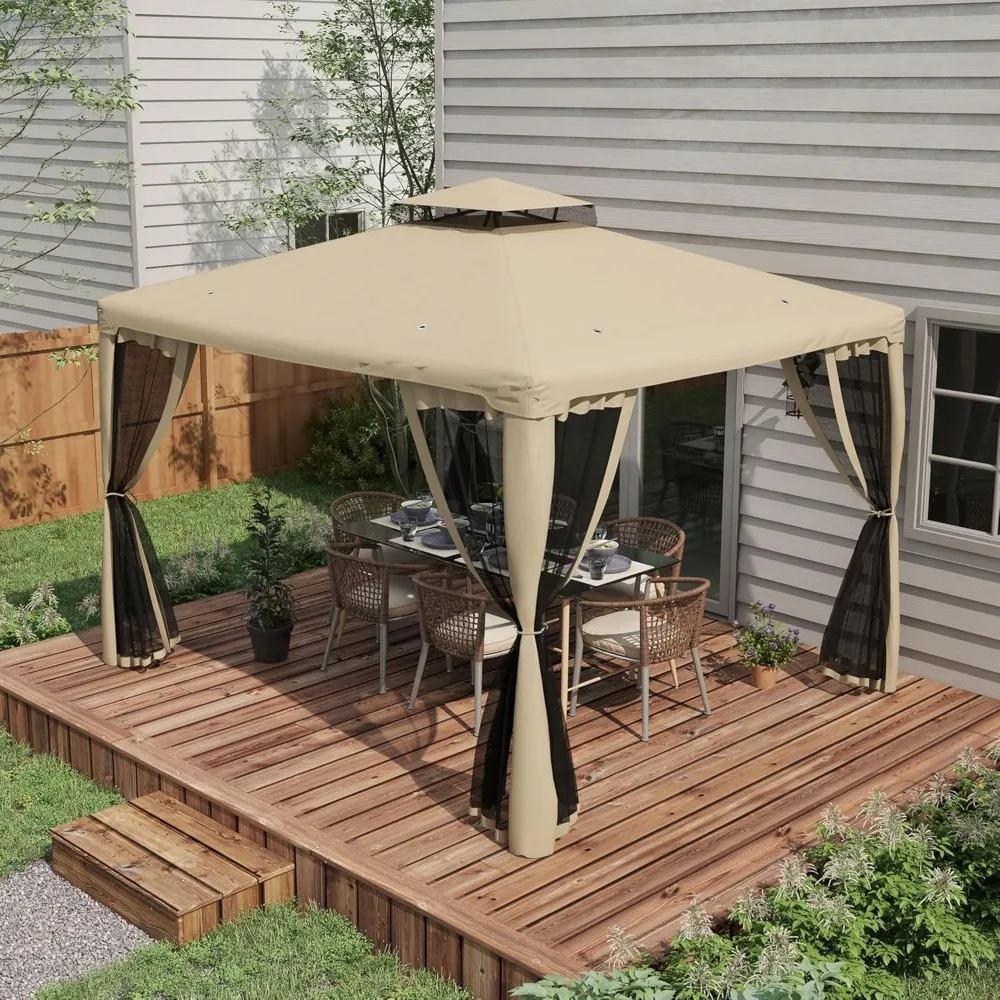 9.6' x 11.6' Patio Gazebo, Outdoor Canopy Shelter with 2-Tier Roof and Netting, Steel Frame for Garden, Lawn, Backyard,