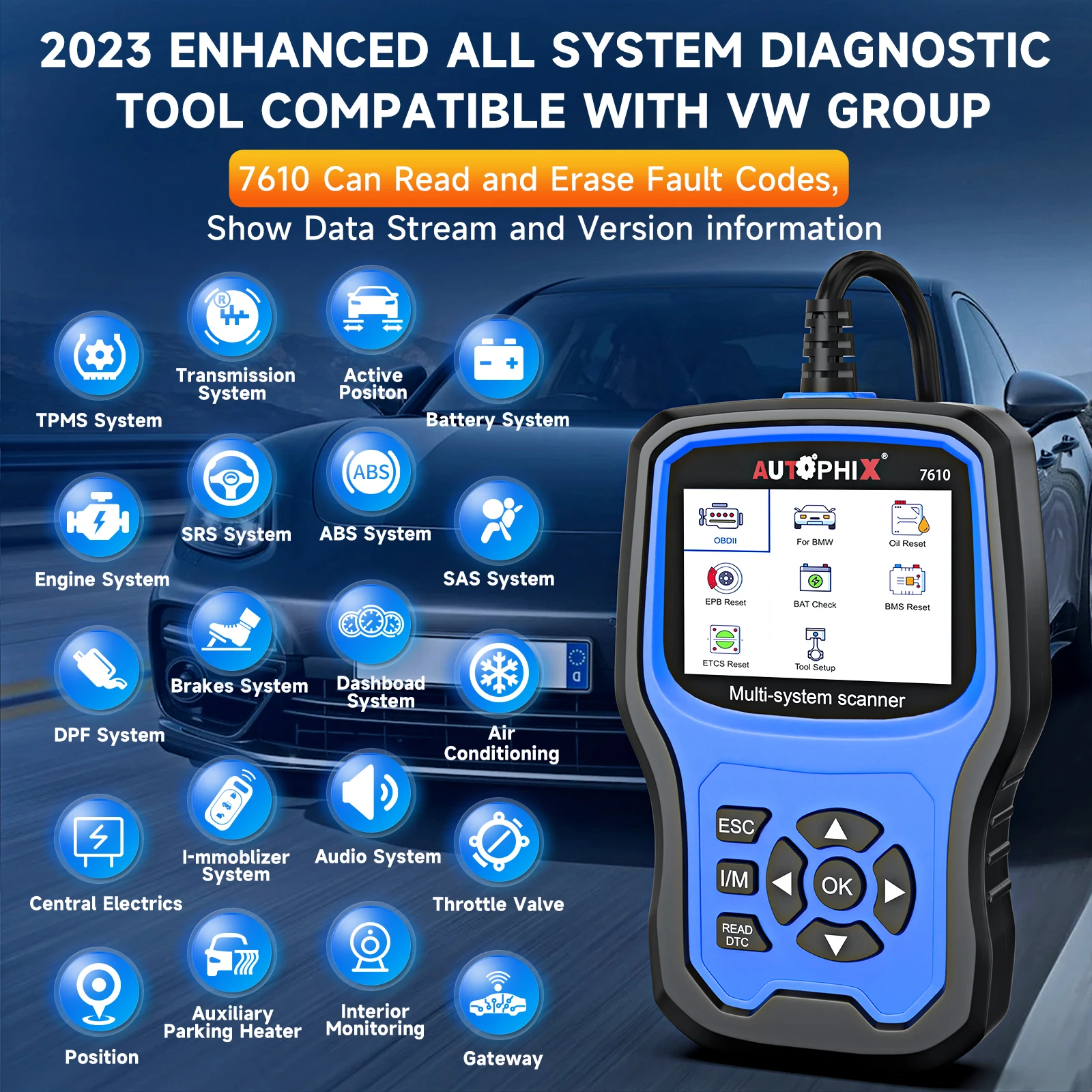 OBD2 Car Diagnostic Tools OBD 2 EOBD Code Reader ABS SRS Oil EPB DPF TPMS Reset Auto Scanner For Audi Skoda Seat Autophix 7610