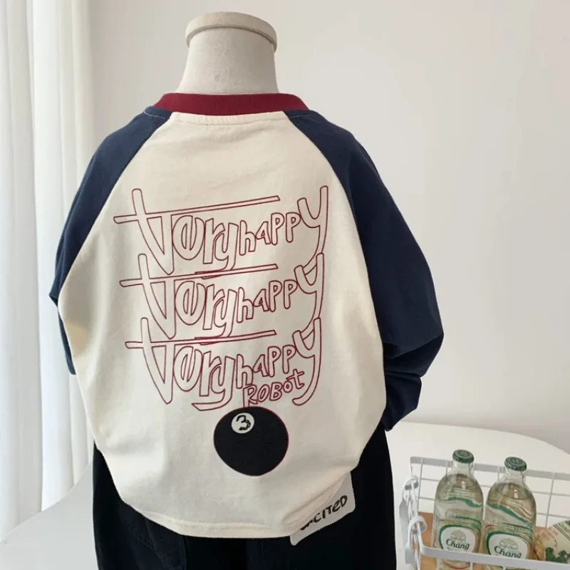 

Boys' Spring and Autumn Pure Cotton Long Sleeve T-shirt New Children's Casual Letter Fashion Top Trendy Cotton