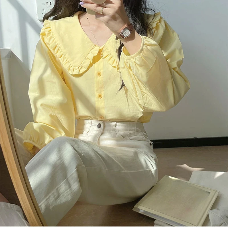 

Sweet Peter Pan Collar Shirt Women Vintage Long Sleeve Blouse Female Preppy Style Yellow Blue Loose Buttons Youth Tops