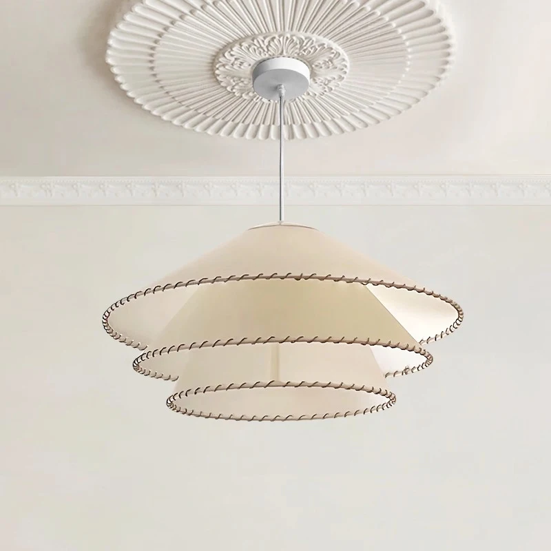 

Japanese Wabi Sabi Taper Three Layers Led Pendant Lights White Parchment Chandelier Bedroom Living Room Restaurant Hanging Lamps