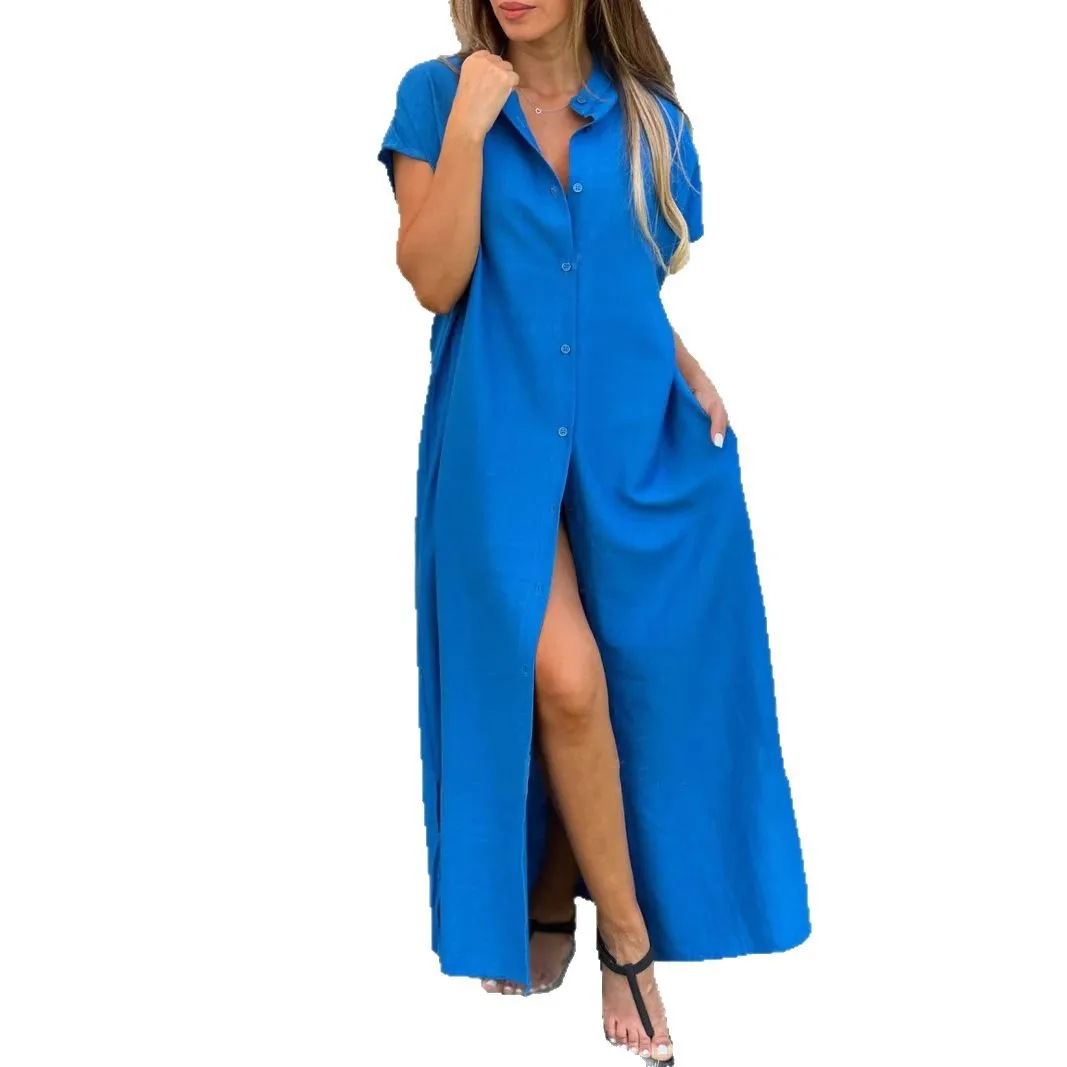 فستان ماكسي غير رسمي للنساء لصيف 2025 بأكمام قصيرة وفضفاض بلون سادة وياقة واقفة فساتين شاطئ طويلة أنيقة