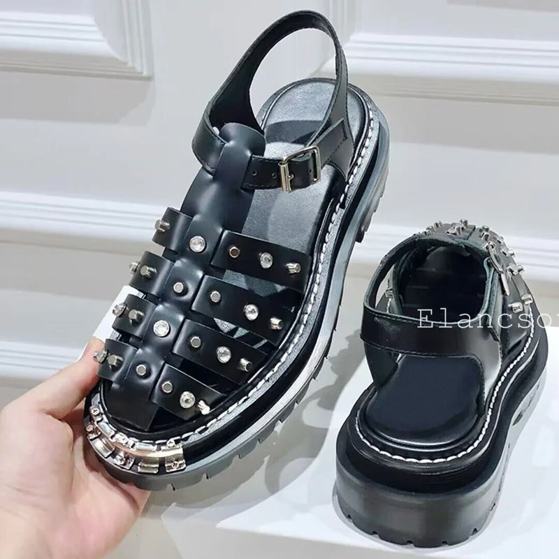 Summer Leopard Print Solid Color Metal Decorative Sandals Women's Thick Soled Versatile Sandals Daily Casual Commuting Shoes