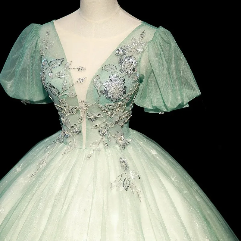 Abito da sera con scollo a V ricamato in rete nuova da donna Gonna a sbuffo con ciondolo grande per cerimonia per adulti elegante e atmosferica alla moda
