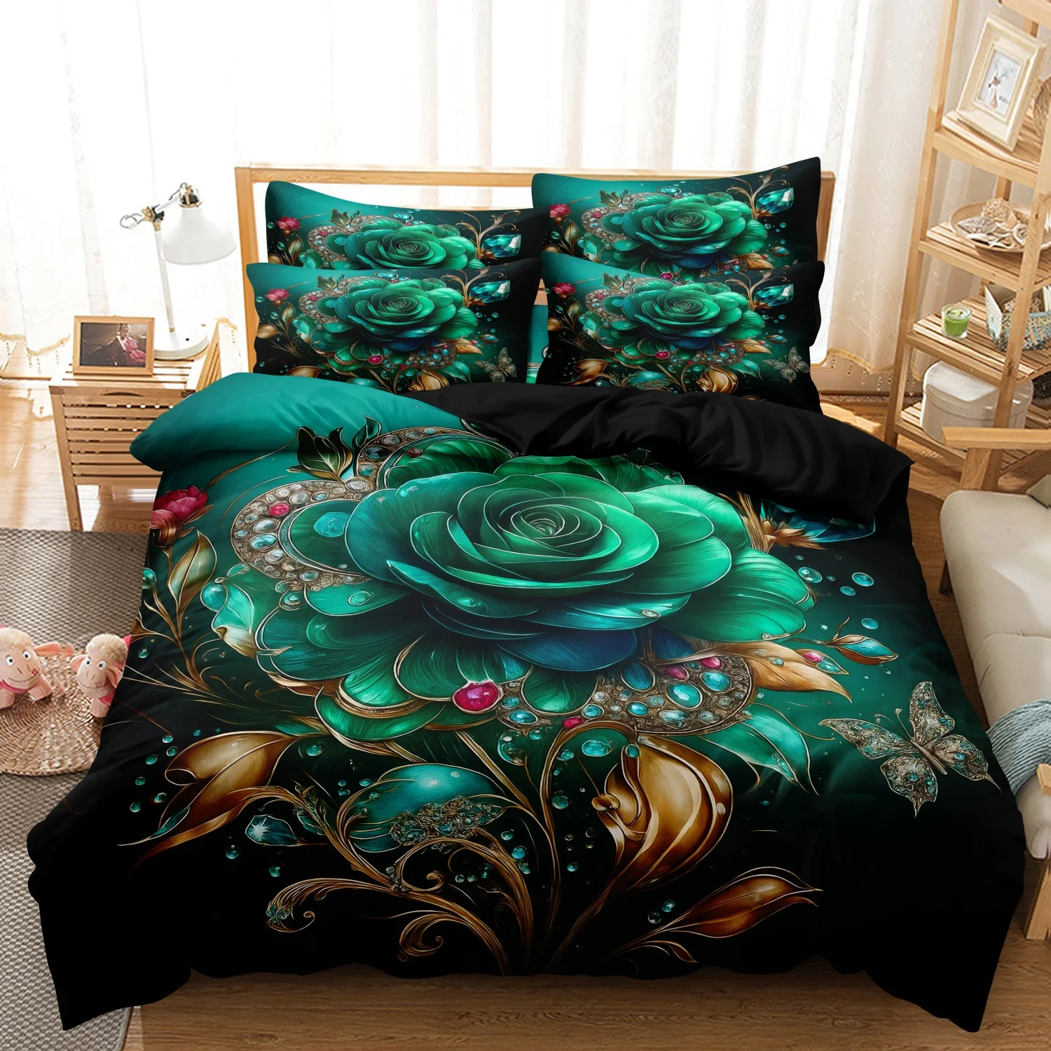 3 Pieces Gorgeous Dark Green Gemstone Rose Butterfly Duvet Cover Set, Black Golden Vine Crystal Floral Pattern Bedding