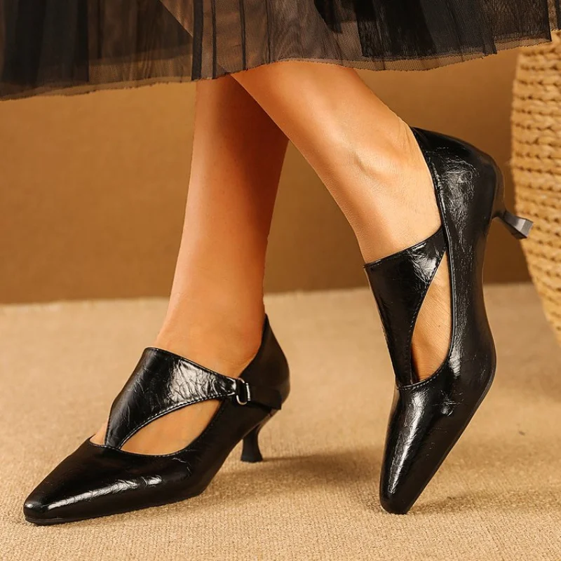 

Women's Pointed Toe Buckle Mary Jane Pumps 2026 Spring Summer V-Cut Hollow Patent Leather Mid Heel Office Daily Retro Elegant