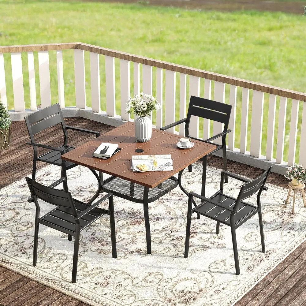 Square Outdoor Patio Table, All Weather Metal Outdoor Dining Table for Lawn Garden, Walnut Wood-Like Tabletop