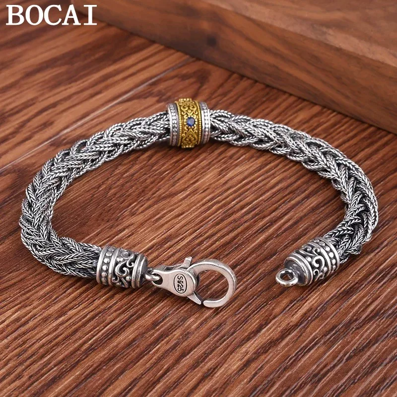

BOCAI New S925 Silver Byzantine Style Hand Woven Fox Tail Rotating Bead Square Braf'tcelet Men's and Women's Gift