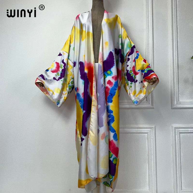 WINYI Graffiti tie-dye print sexy kimono fashion cardigan Africa beach wear cover-up dress beach outfits for women holiday abaya