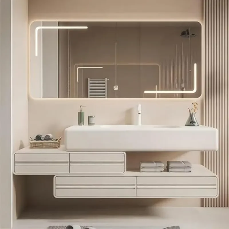 Cream Sintered Stone Vanity with Integrated Basin LED Bluetooth Touch Mirror Bathroom Sink Cabinet Modern Washstand