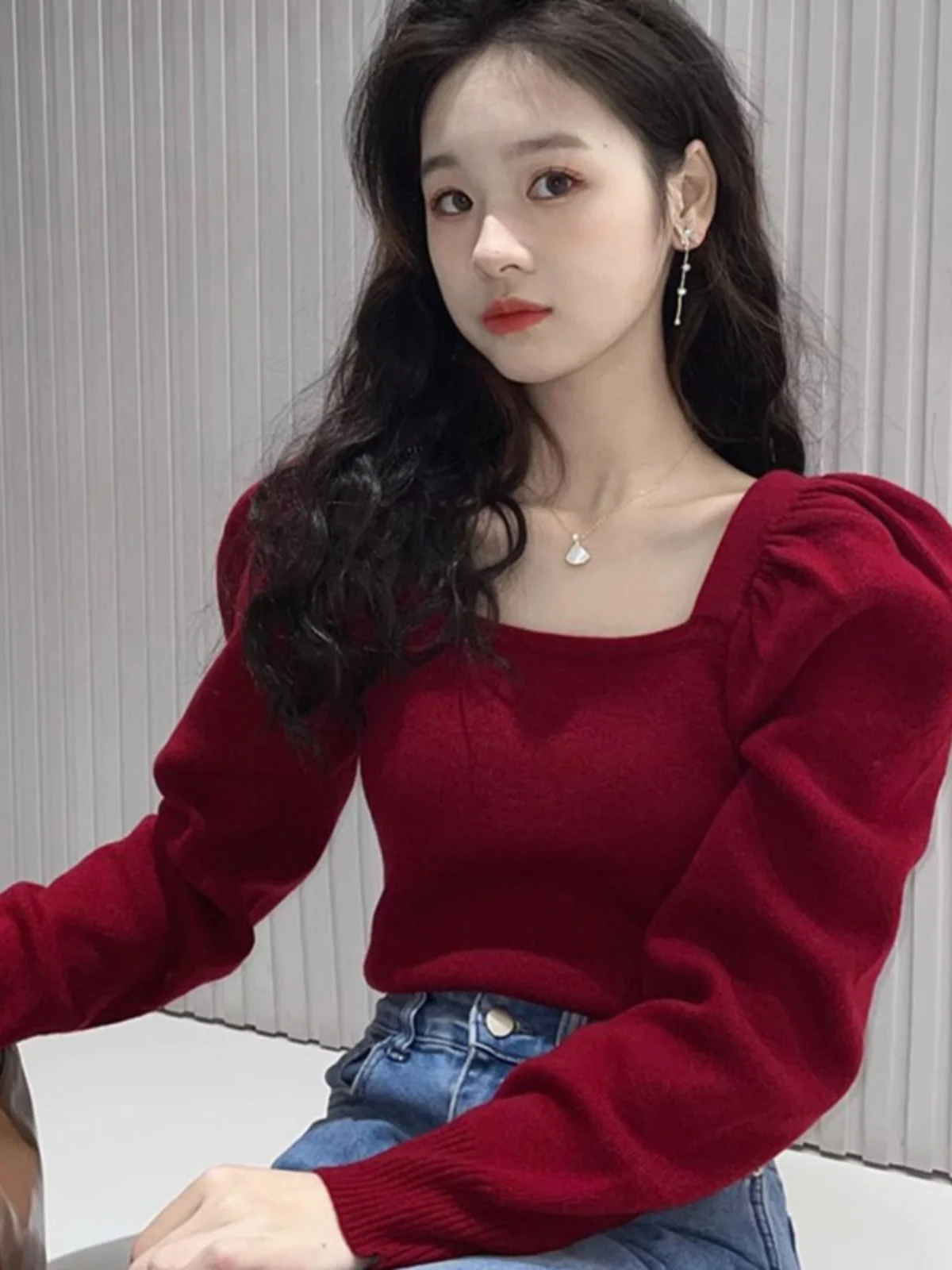 

Spring Chic Red Square Collar Base Layer Knitted Sweater Women's Slim Fit Bubble Sleeve Top Inner Wear Autumn Winter Sweater