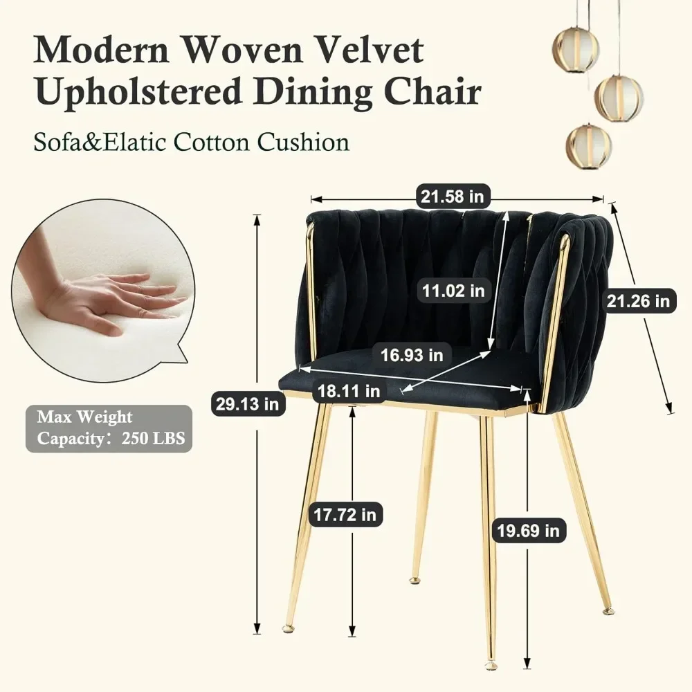 Modern Velvet Dining Chairs Hand Weaving Accent Upholstered Side Chair with Golden Metal Legs for Dining Room