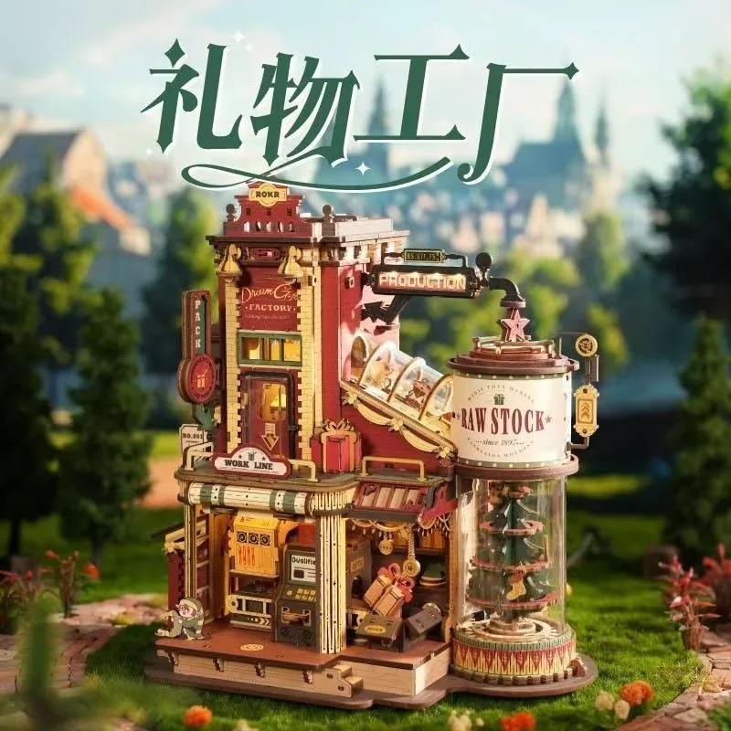 Original Robotime Charming Coffee Factory Assembly Model with LED Lights Music Desktop Ornament Collection Display Holiday Gift