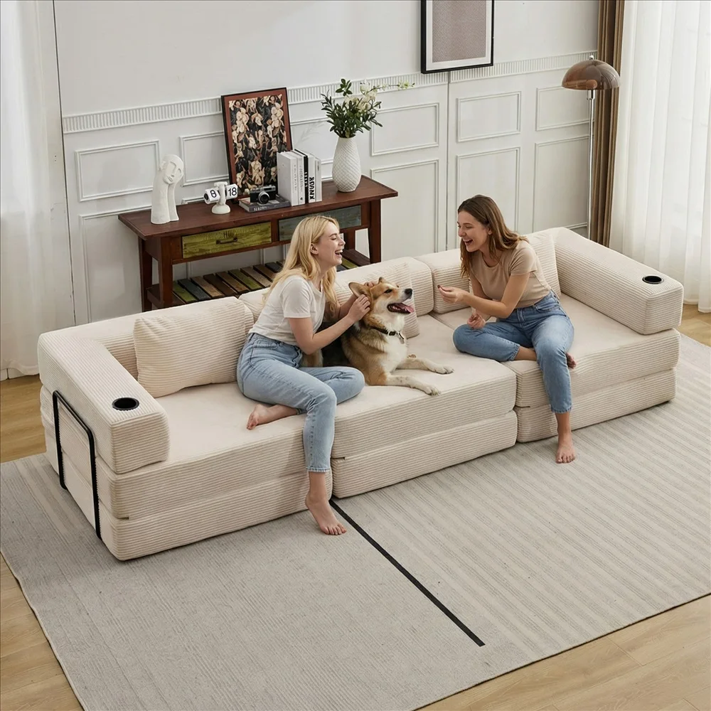 Cord-Modulsofa Frei Kombinierbare Wandelbare Eckcouch mit Getränkehaltern Übergroße Chaiselongue für Wohnzimmer – Detail 21