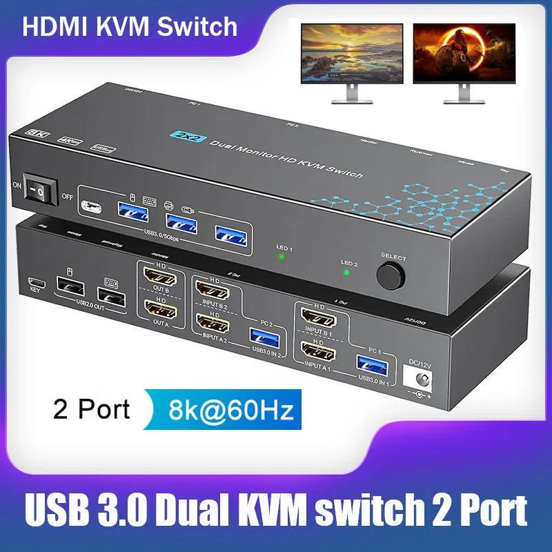 USB 3.0 HDMI Dual KVM Switch 2 Port, 8K 60Hz 4K120Hz Dual Monitor KVM Switches for 2 PC Share 2 Display