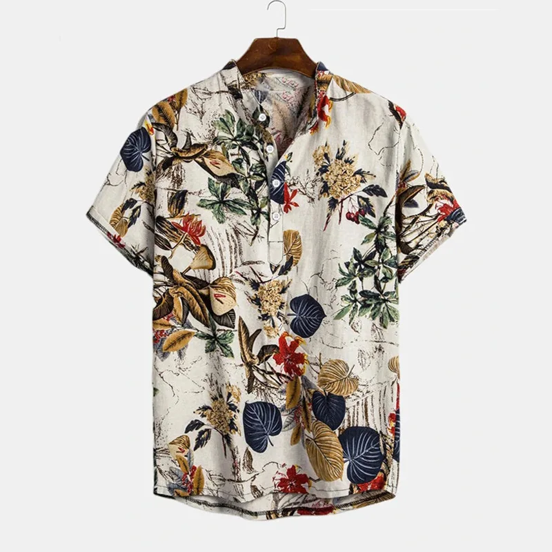 Summer New Ethnic Style Men's Casual Stand-up Collar Plant Flower Short-sleeved Shirt Cotton And Linen Shirt