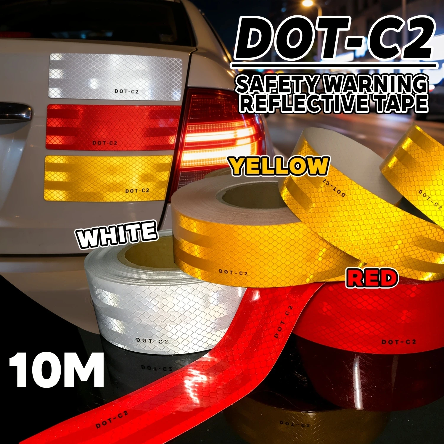 10M DOT-C2 Yellow Reflective Tape Outdoor Waterproof Conspicuous Strong Adhesive Reflective Tape Warning Safety Tape