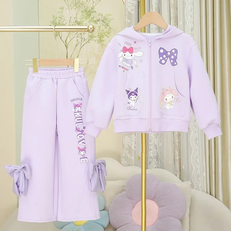 

Spring Autumn Kuromi Anime Sanrio Ins Coat Trousers Kawaii Fashion Long-sleeved Cute Sweet Two-piece Clothing Gifts for Kids