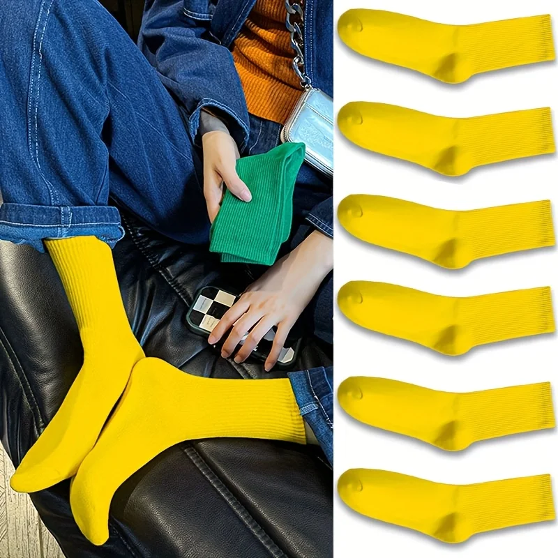 6 Pairs Unisex Soft Comfortable Socks Spring/Autumn Warm Sweat-Absorbent Simple Versatile Solid Yellow Mid-Calf