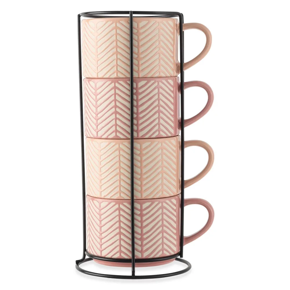 Stacking Stoneware Mugs Set of 4 Pink and White Stripes 11.1 Ounce Coffee Cups