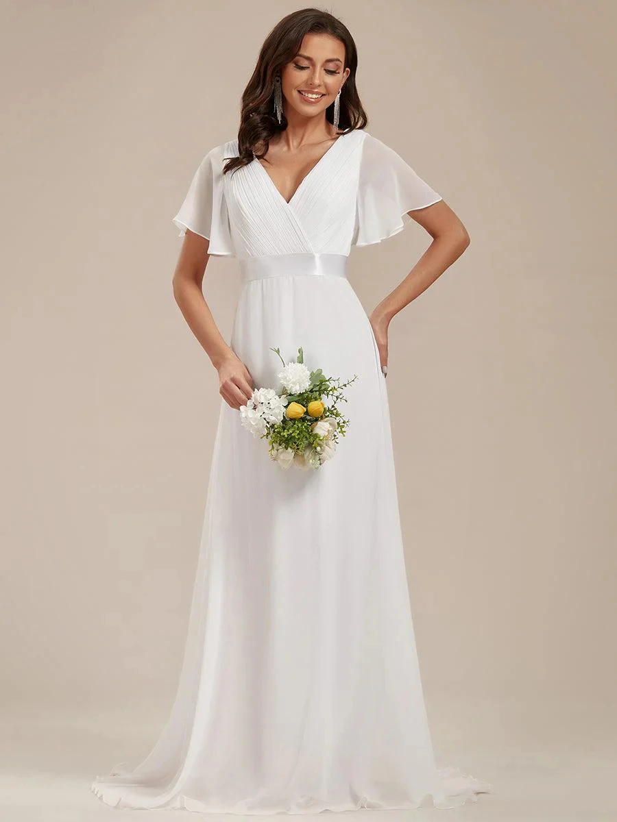 Women Simple Evening Dress Tulle Ruffles Short Sleeve V-Neck Backless Empire Sashes Prom Dress A-Line Maxi Wedding Bridal Gowns