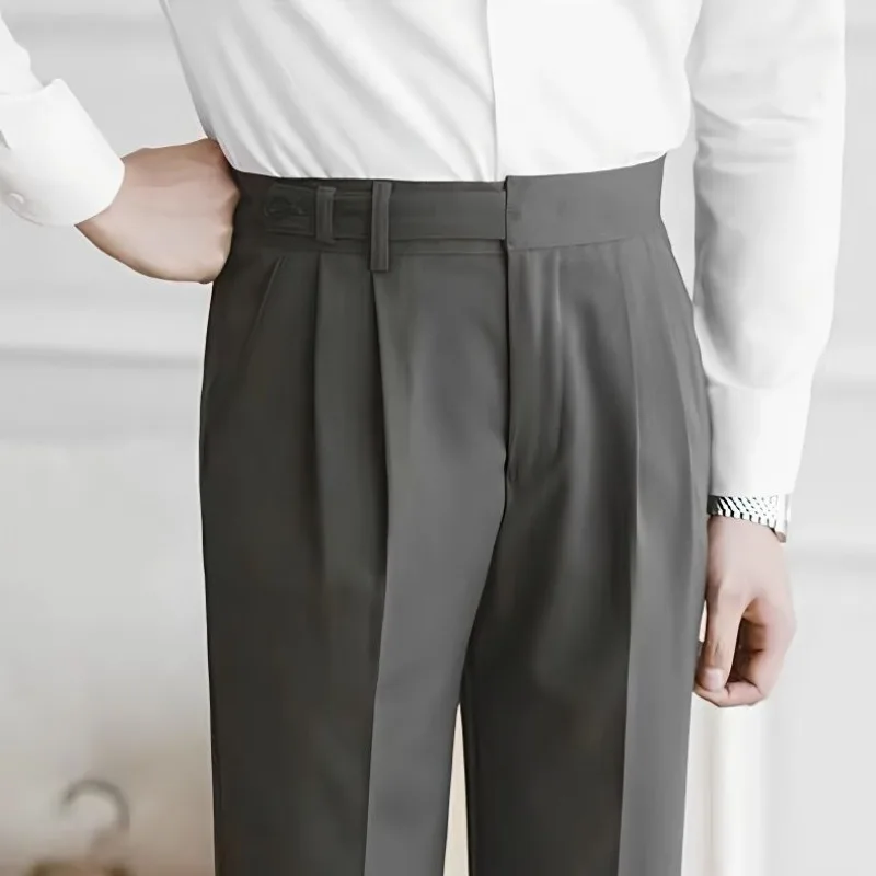 High Waist Pleated Man Suits Pants 9 Cropped Business Social Tailoring Quality Fabric Trousers for Men Classic Dress Elegant Up