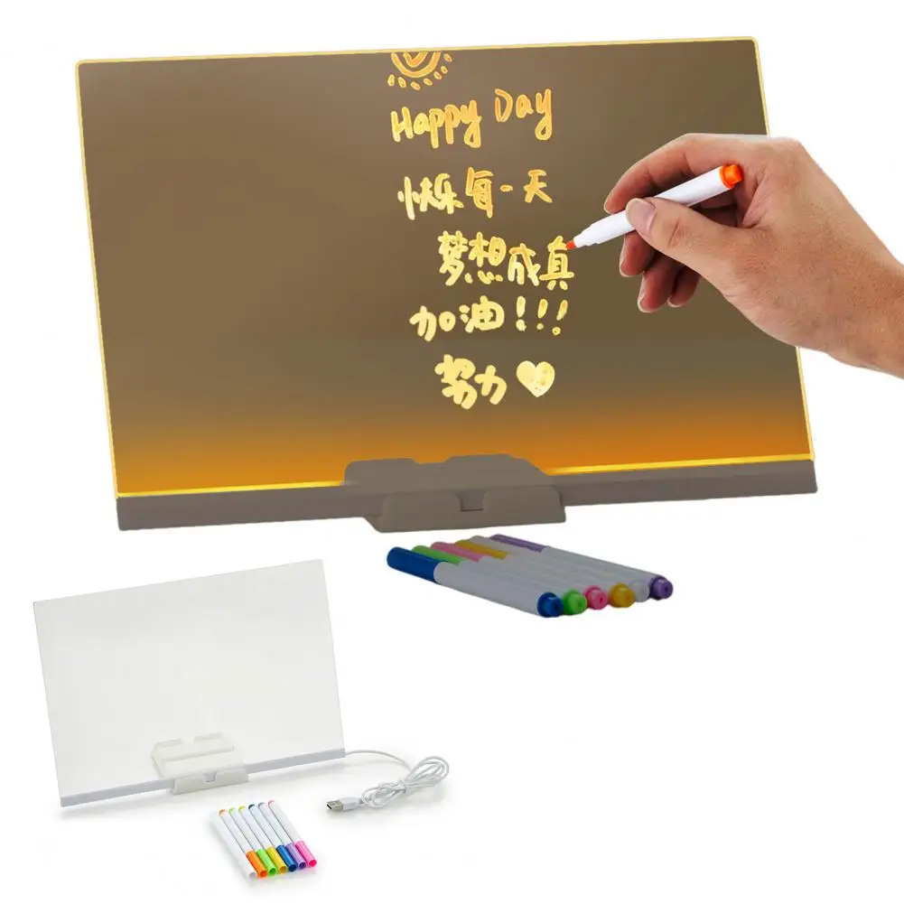 LED Note Board with Colors Light Up Acrylic Message Board Transparent Faux Crystal Luminous Writing Board Adjustable Stand