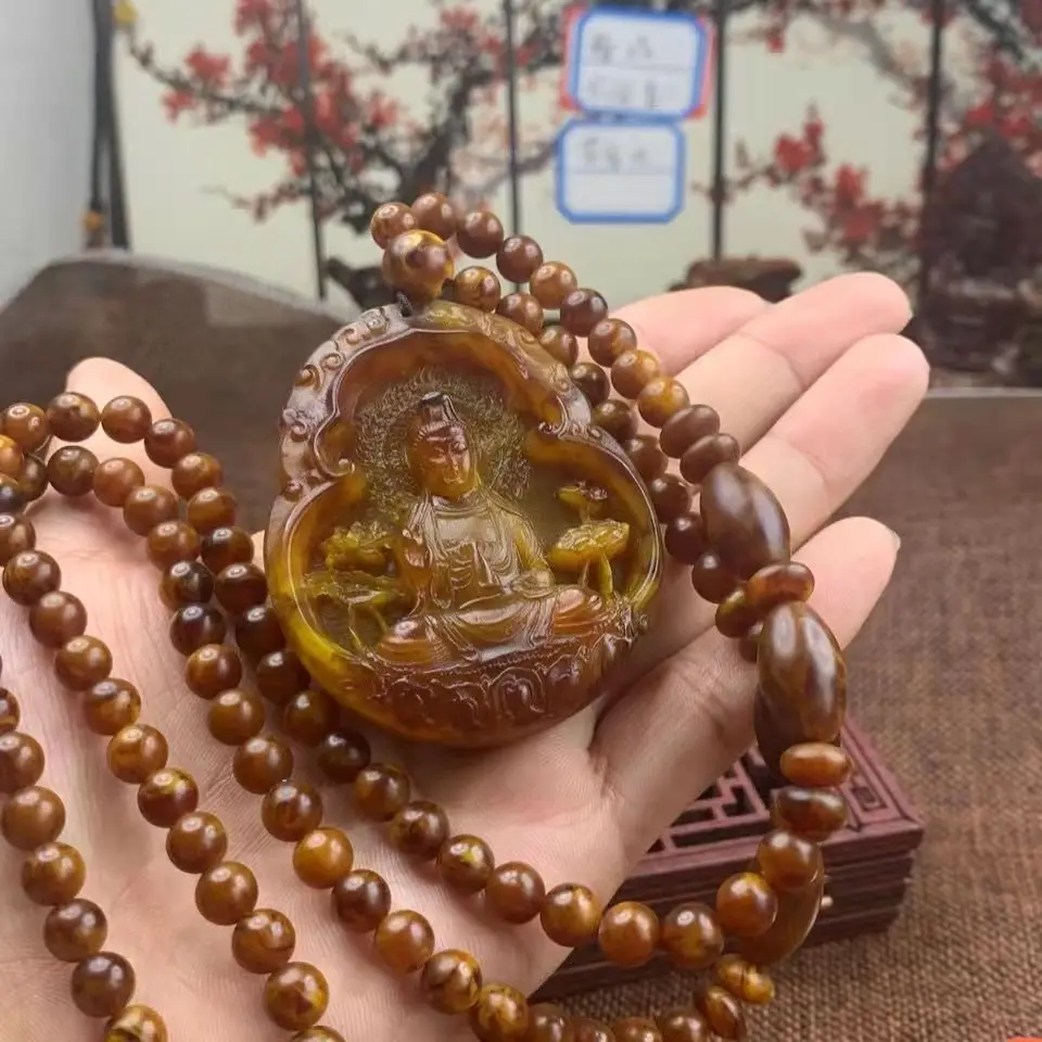 New Walking Perfume Ambergris Grey Amber Guanyin Pendant Necklace Round Bead Neck Chain Amulet  Lifelike Jewelry