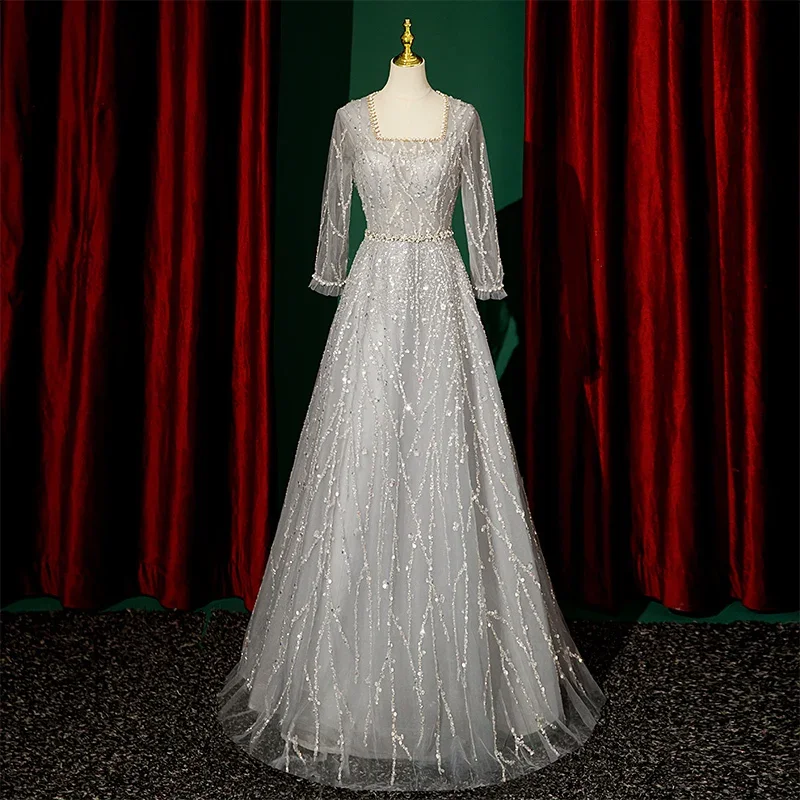 

Customized Evening Dress Gray Beads Square Collar Full Sleeve Floor Length A-Line Floor Length Plus Size Women Party Formal Gown