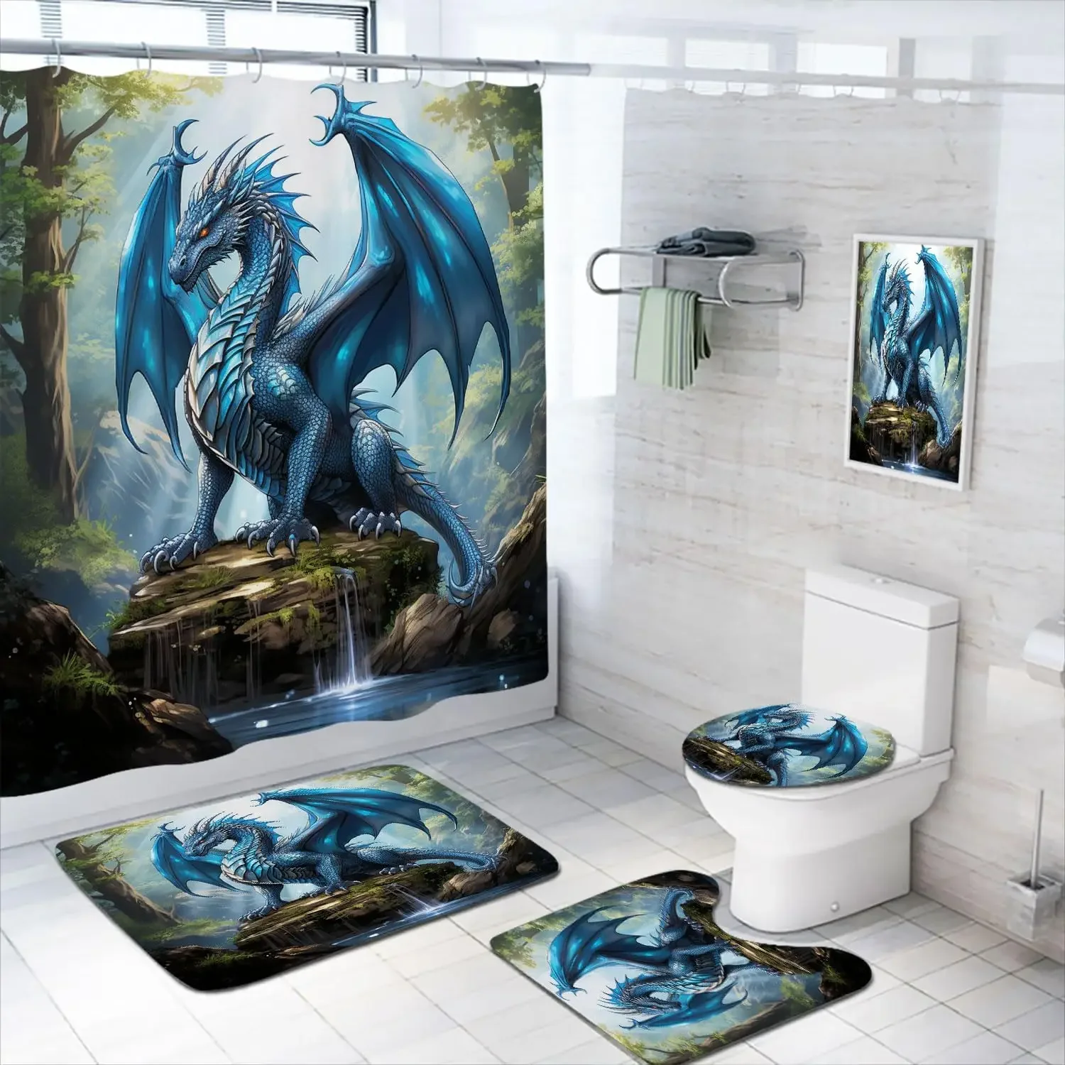 4 pcs Dragon Forest Shower Curtain suit with Carpet Toilet Lid Bath Mat, Fantasy Theme Bathroom Decoration