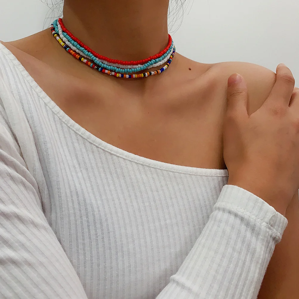 

7Pcs Beaded Necklace Jewelry for Women Girls Stylish Lightweight Clavicle Chain Rice Bead Neck Accessory Summer Beach Party Gift