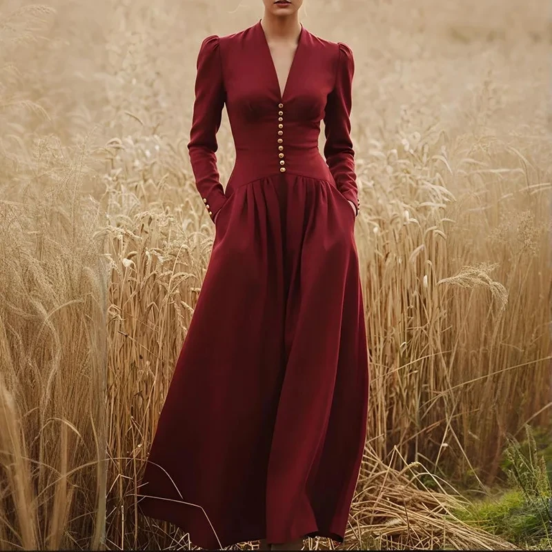 

2026 New Women Waist Cinching Solid Color Long Sleeve Retro Dress Deep V Neck Button Row Design Slimming Versatile