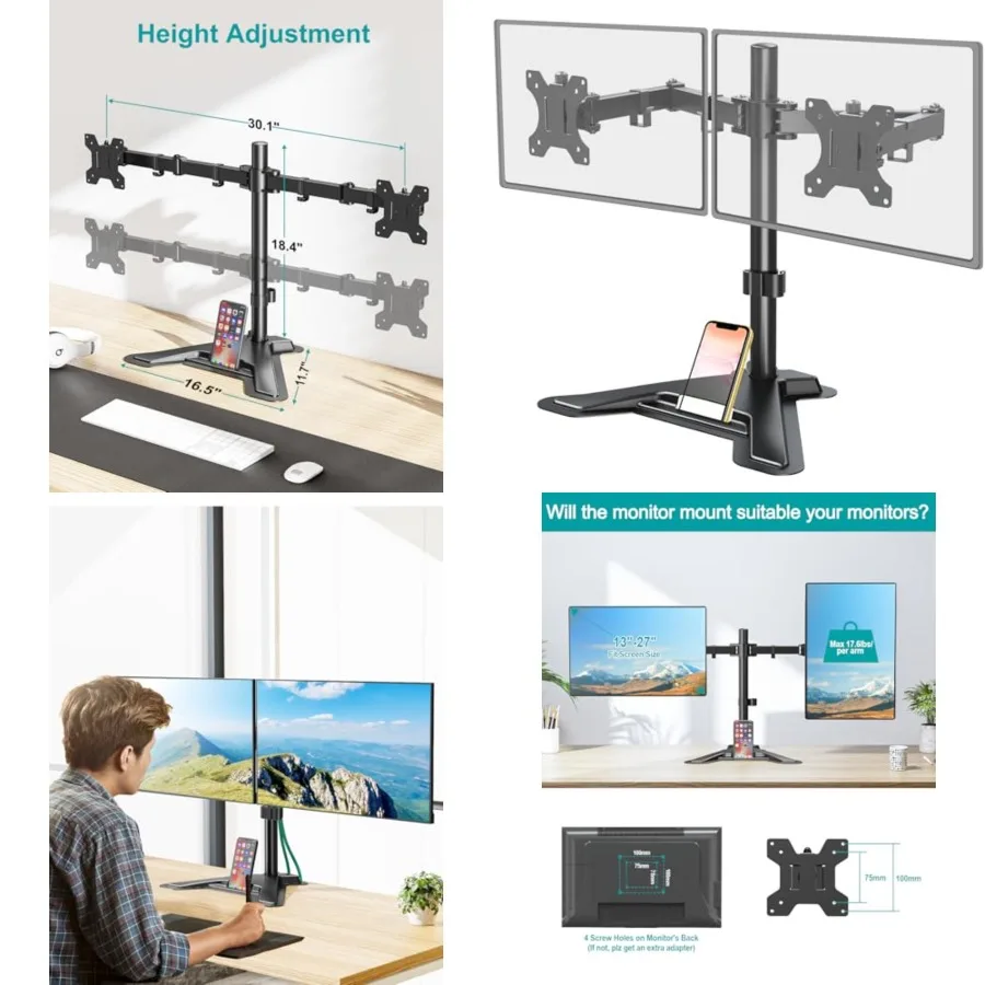 Monitor Stand, Free-Standing Full Motion Monitor Desk Mount Fits 2 Screens up to 27 Inch, 17.6lbs with Height Adjustable, Swive