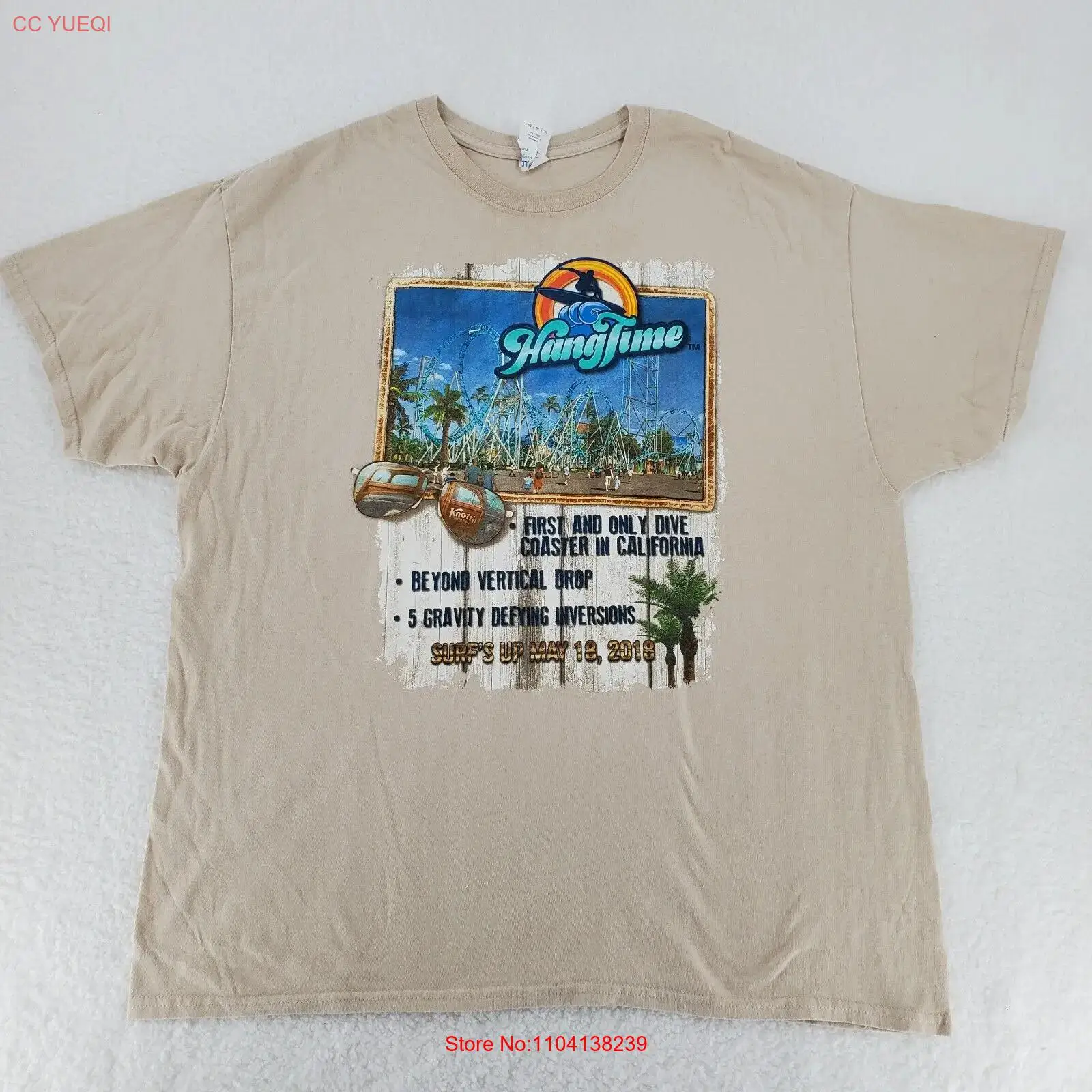 Knotts Berry Farm Mens Shirt XL Beige Hang Time Roller Coaster 2018 Promo Tee long sleeves