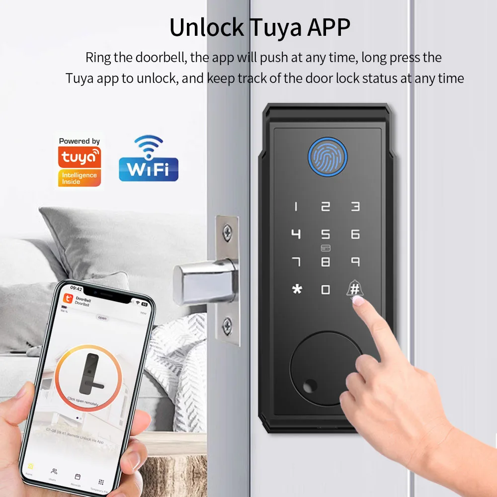 Support Tuya App Tamper Proof Fingerprint Lock for Keyless Entry Keypad Deadbolt Lock for Front Door Physical Key Remote Unlock