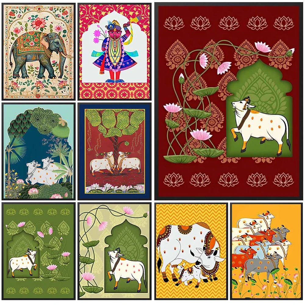 

Hinduism Cattle Gaur Lotus Religion Poster Wall Pictures For Living Room Wall Art Canvas Painting Unframed
