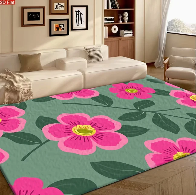 Pink Wildflower Green Background Carpet Flooring, Retro Floral Seamless Non-Slip Floor Rug for Bedroom Living Room Home Decoration